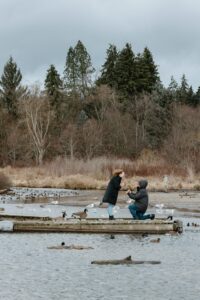 man proposes to woman on the dock surrounded by ducks on a cold winter day